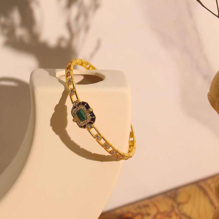 Olivenorma Bracciale rigido regolabile di alta qualità in onice nero e malachite