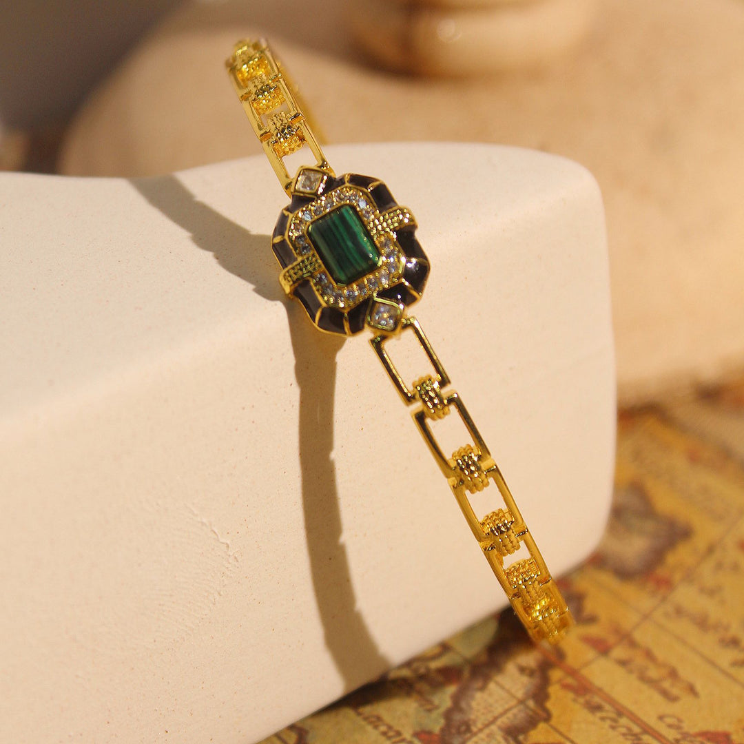 Olivenorma Bracciale rigido regolabile di alta qualità in onice nero e malachite