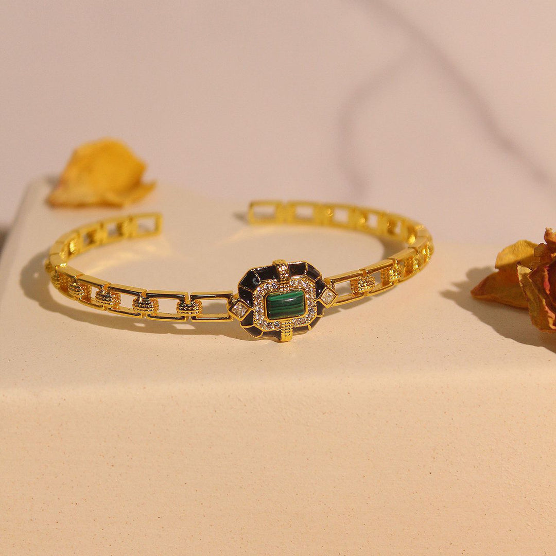 Olivenorma Bracciale rigido regolabile di alta qualità in onice nero e malachite