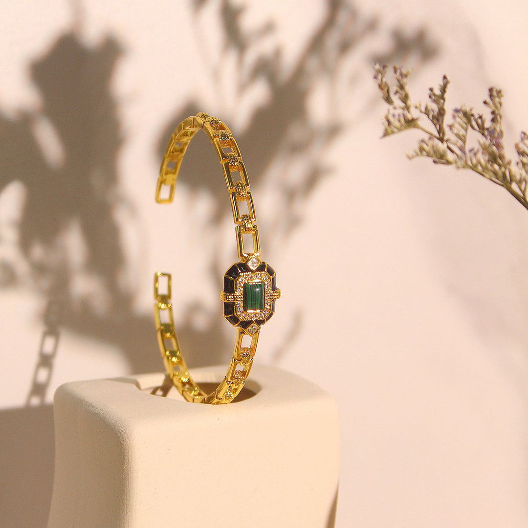 Olivenorma Bracciale rigido regolabile di alta qualità in onice nero e malachite