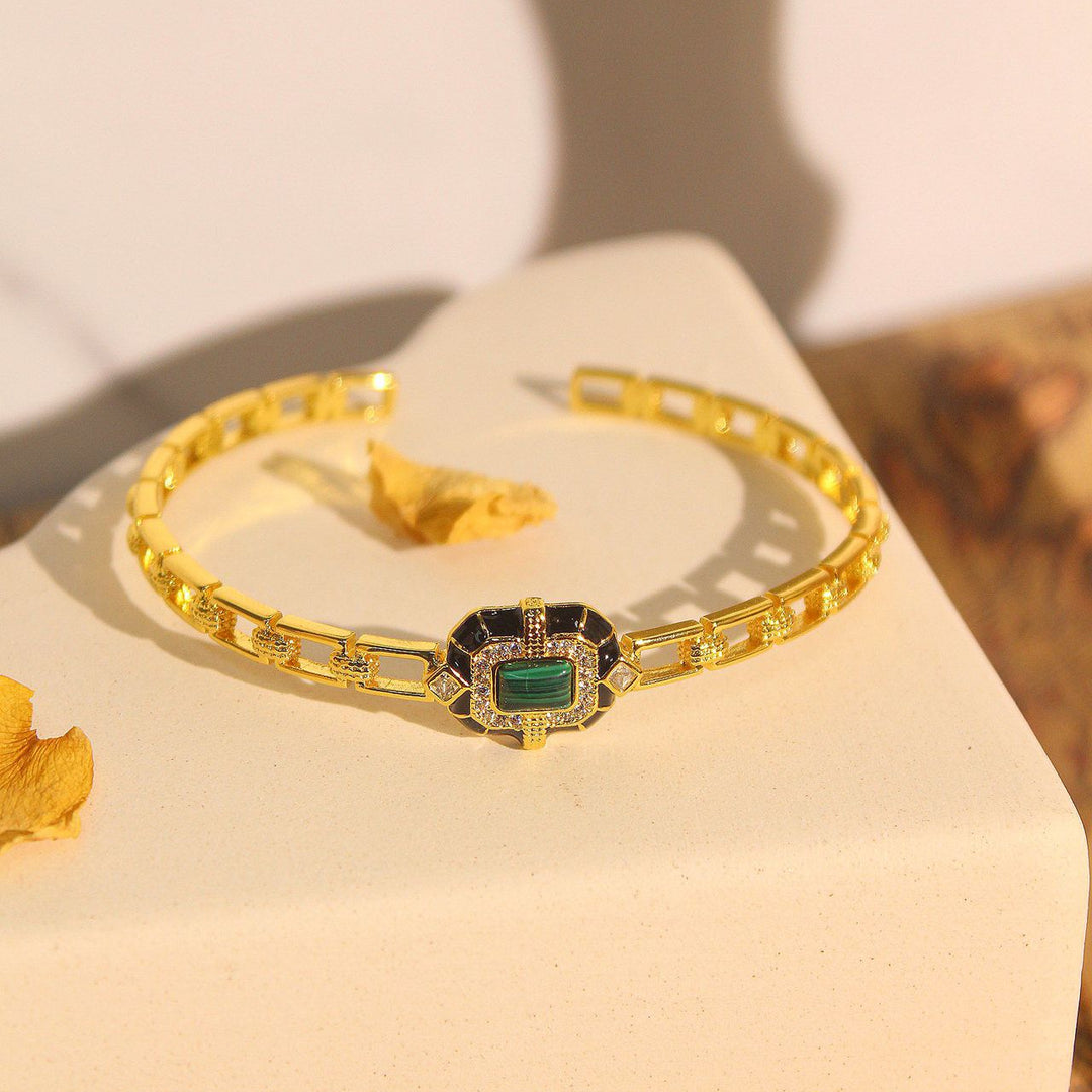 Olivenorma Bracciale rigido regolabile di alta qualità in onice nero e malachite