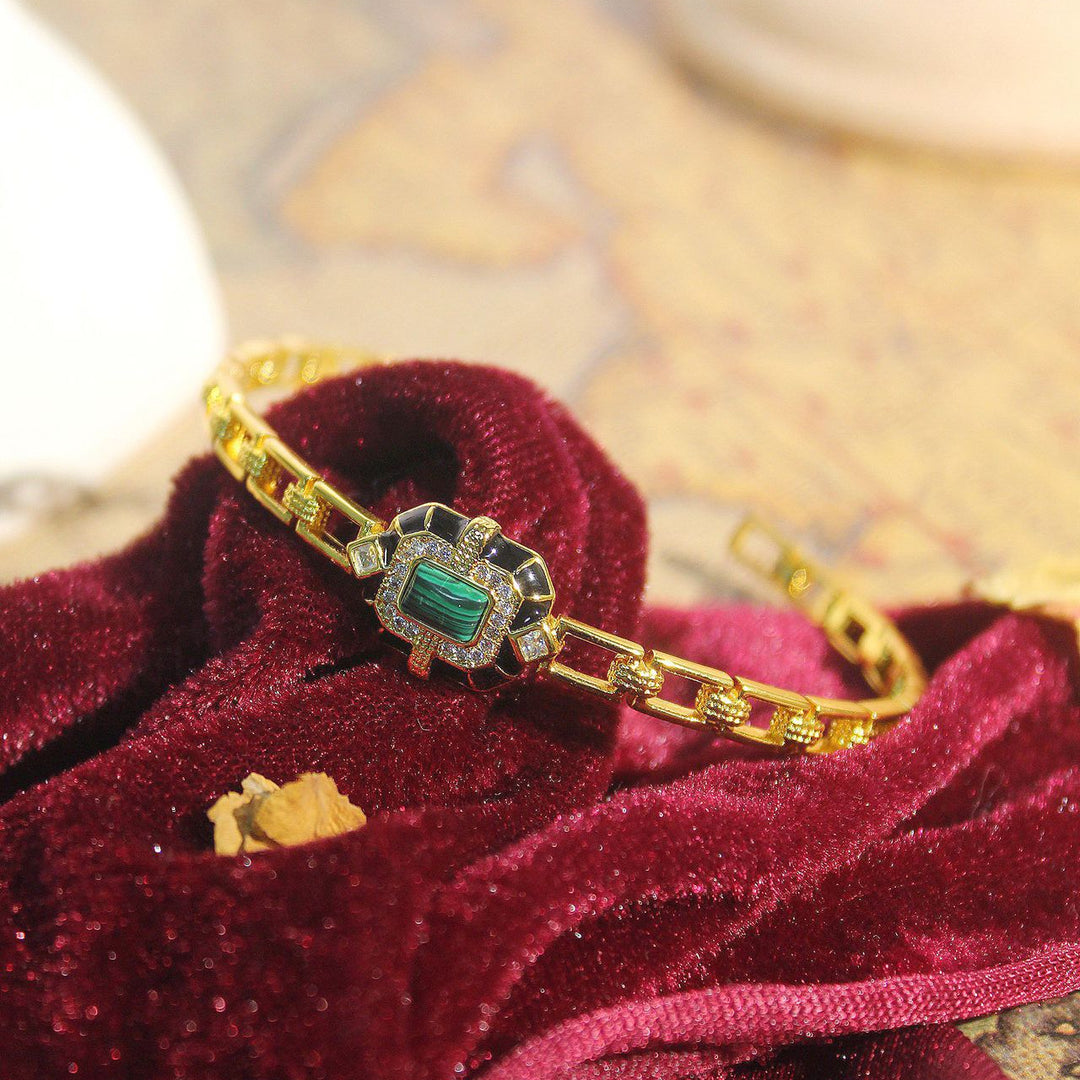 Olivenorma Bracciale rigido regolabile di alta qualità in onice nero e malachite