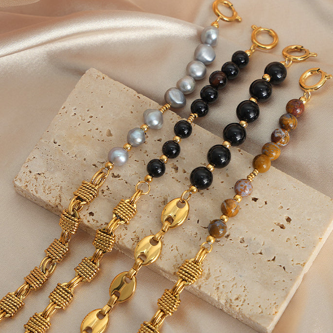 Bracciale Olivenorma in acciaio al titanio con perline di agata nera e onice 