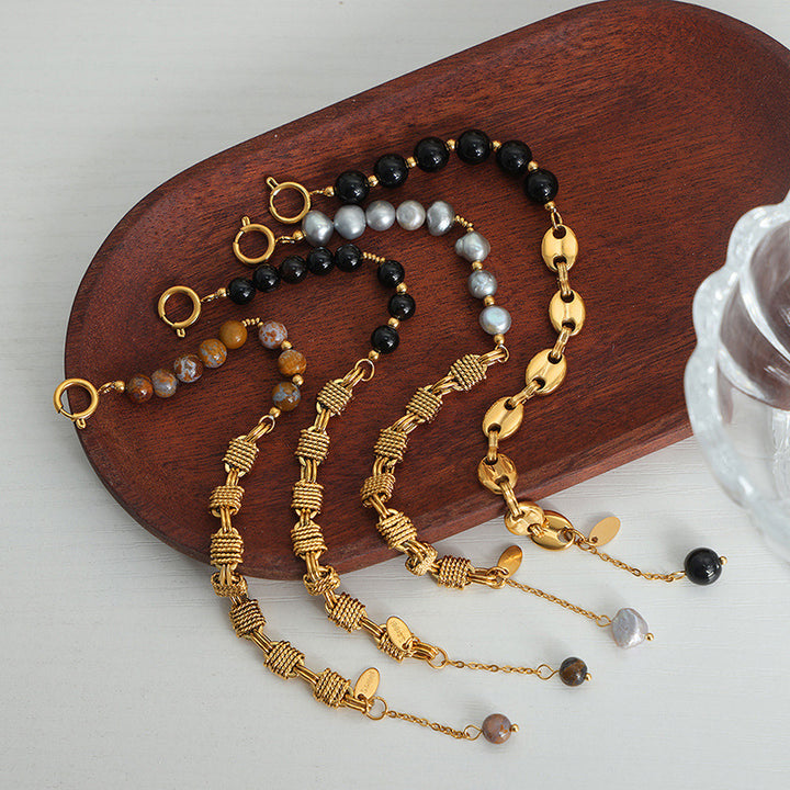 Bracciale Olivenorma in acciaio al titanio con perline di agata nera e onice 