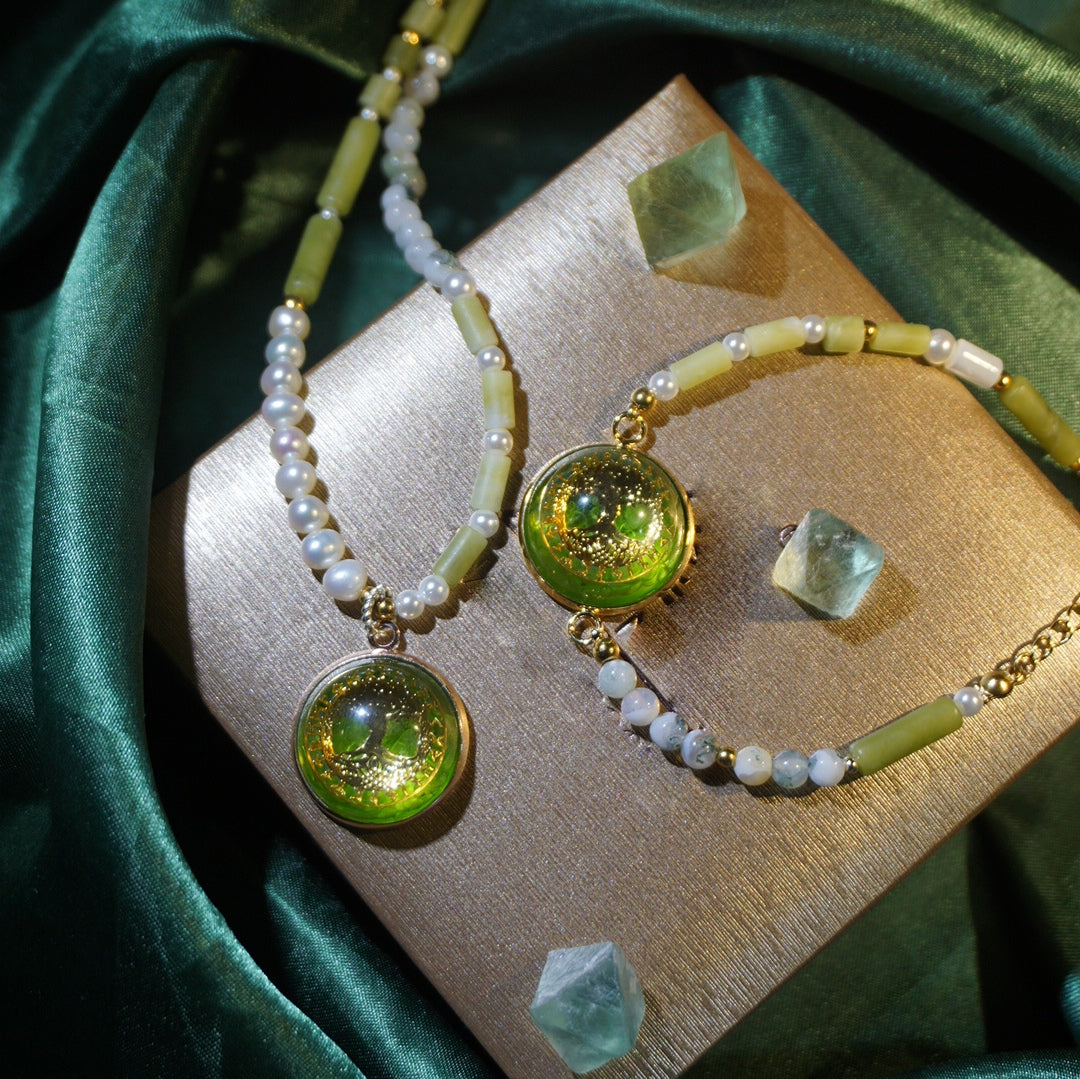 Olivenorma Peridot Pearl Tree Of Life Collana Bracciale Gioielli Set