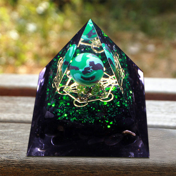 Piramide di orgone di malachite e ossidiana Olivenorma 