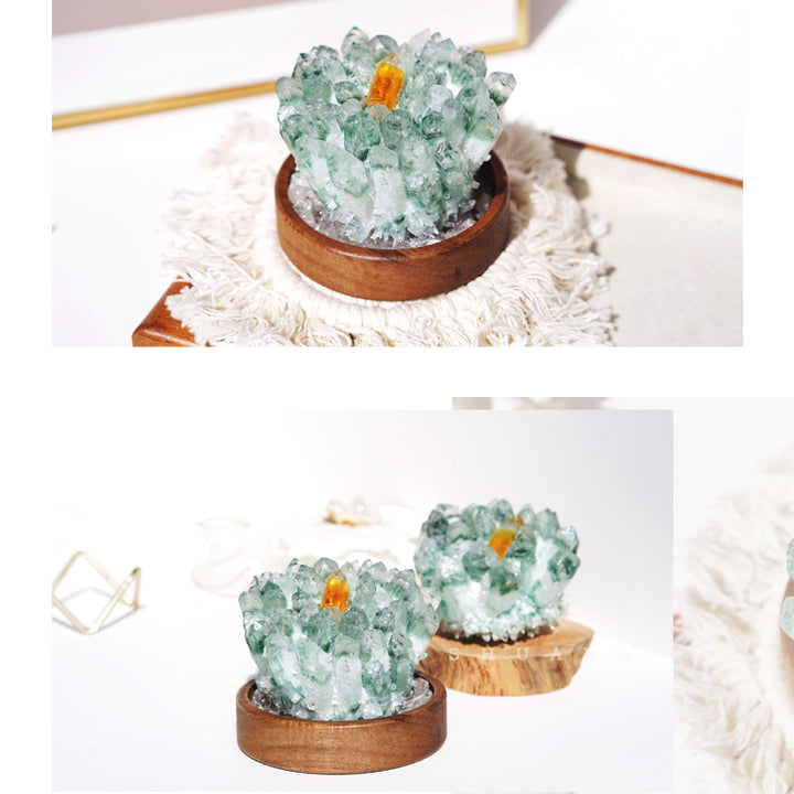 Decorazione a grappolo di cristalli con base in legno massello di quarzo fantasma verde Olivenorma