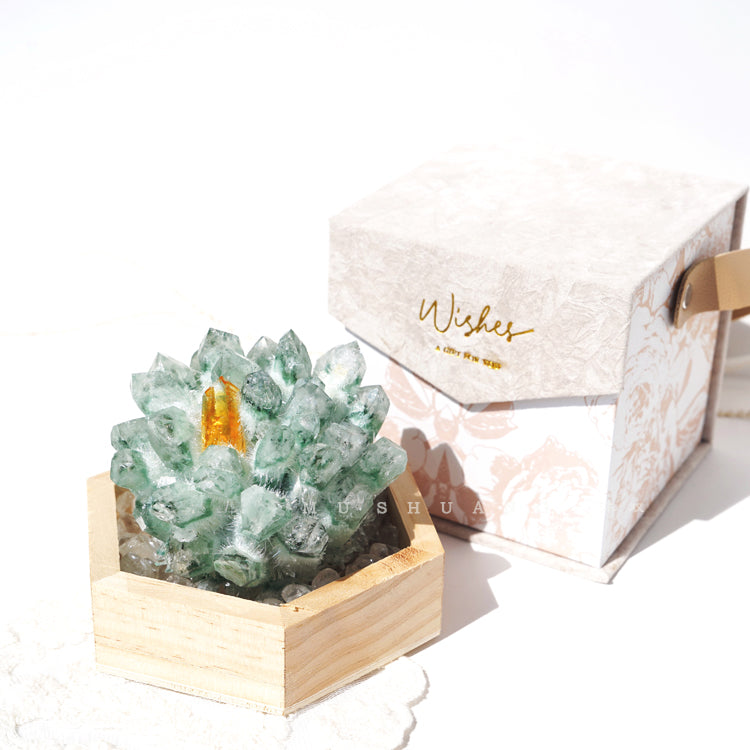 Decorazione a grappolo di cristalli con base in legno massello di quarzo fantasma verde Olivenorma