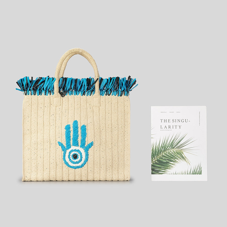 Olivenorma Hamsa Evil Eye Borsa di paglia per le feste con nappe di grande capacità