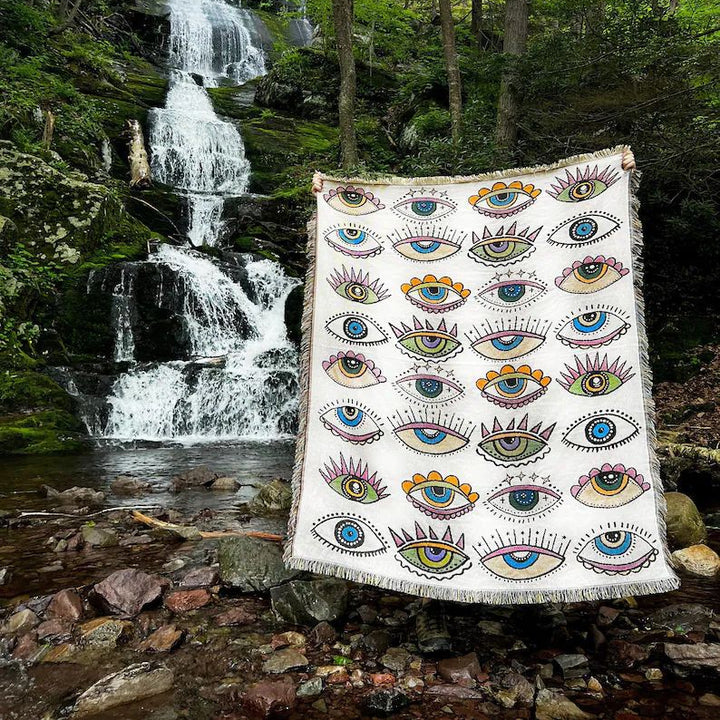 Olivenorma Coperta tessuta con nappe in stile indiano con malocchio blu e bianco