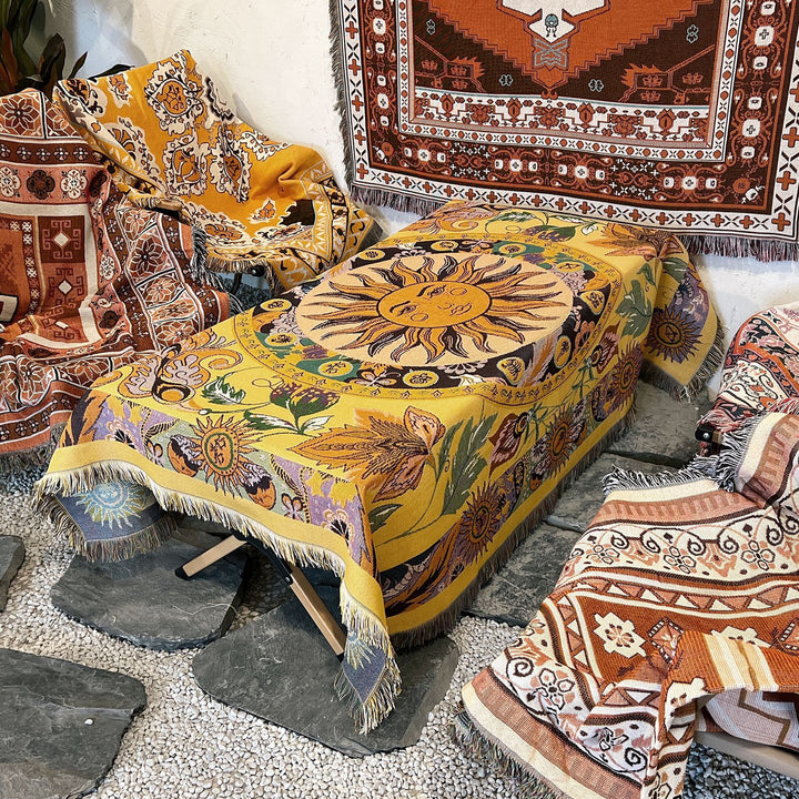 Olivenorma Golden Sun Mood Face Coperta arazzo bohémien gialla