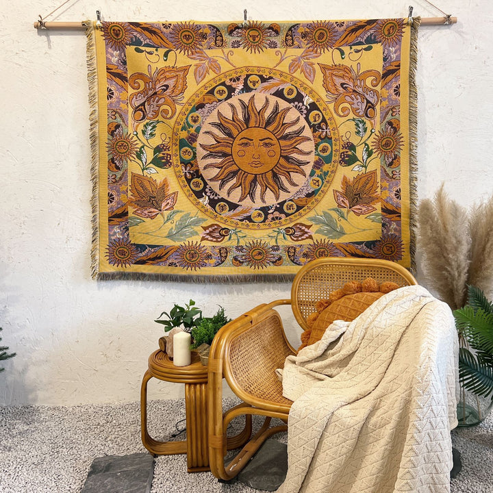 Olivenorma Golden Sun Mood Face Coperta arazzo bohémien gialla