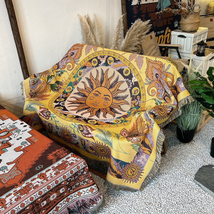 Olivenorma Golden Sun Mood Face Coperta arazzo bohémien gialla