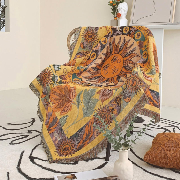 Olivenorma Golden Sun Mood Face Coperta arazzo bohémien gialla