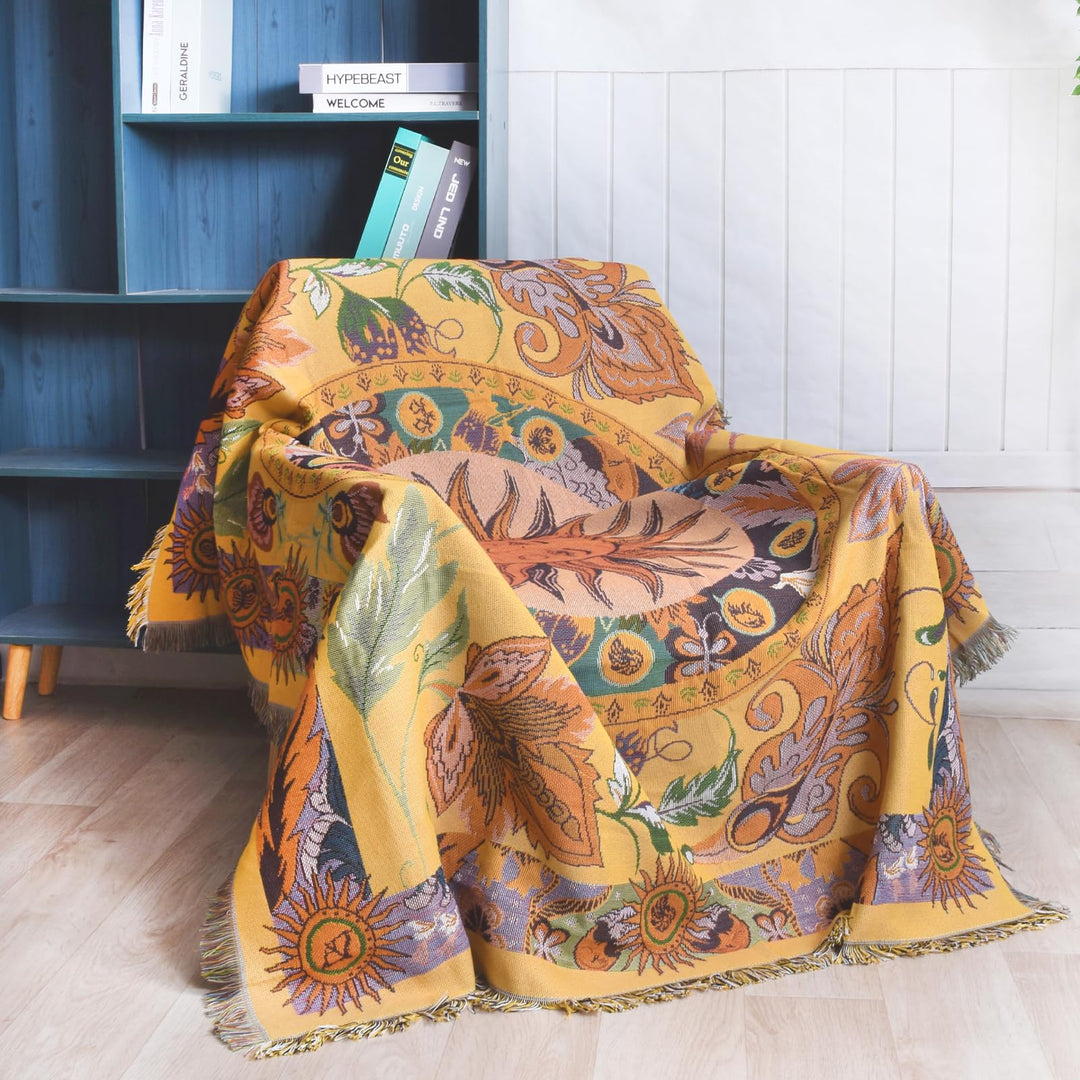 Olivenorma Golden Sun Mood Face Coperta arazzo bohémien gialla