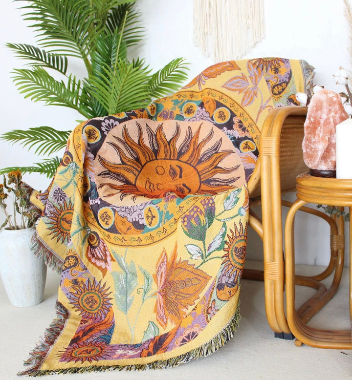 Olivenorma Golden Sun Mood Face Coperta arazzo bohémien gialla