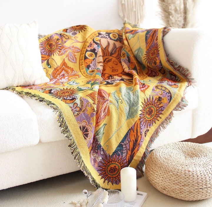 Olivenorma Golden Sun Mood Face Coperta arazzo bohémien gialla