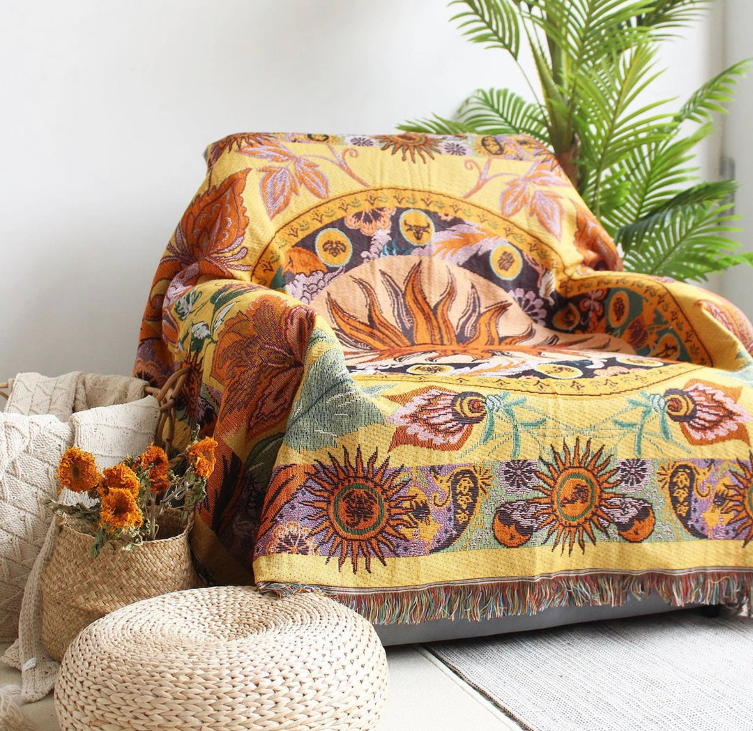 Olivenorma Golden Sun Mood Face Coperta arazzo bohémien gialla