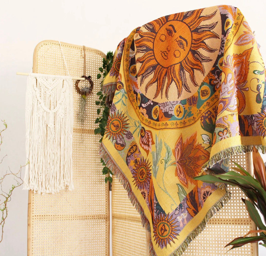 Olivenorma Golden Sun Mood Face Coperta arazzo bohémien gialla