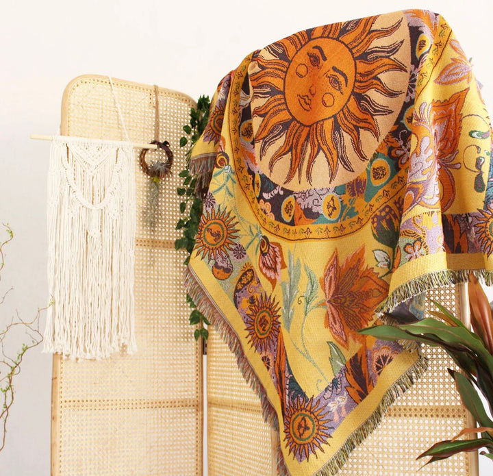Olivenorma Golden Sun Mood Face Coperta arazzo bohémien gialla