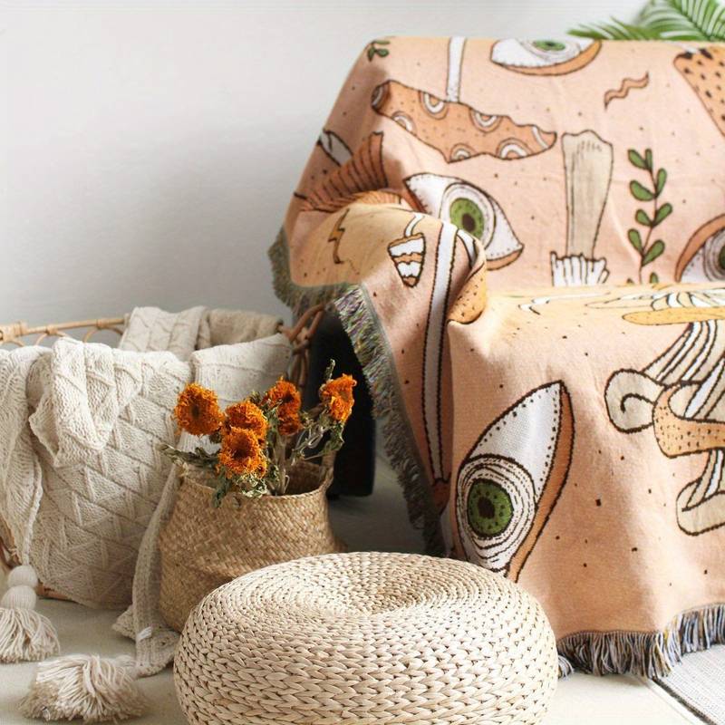 Olivenorma Coperta con stampa etnica lavorata a maglia bohémien e nappa