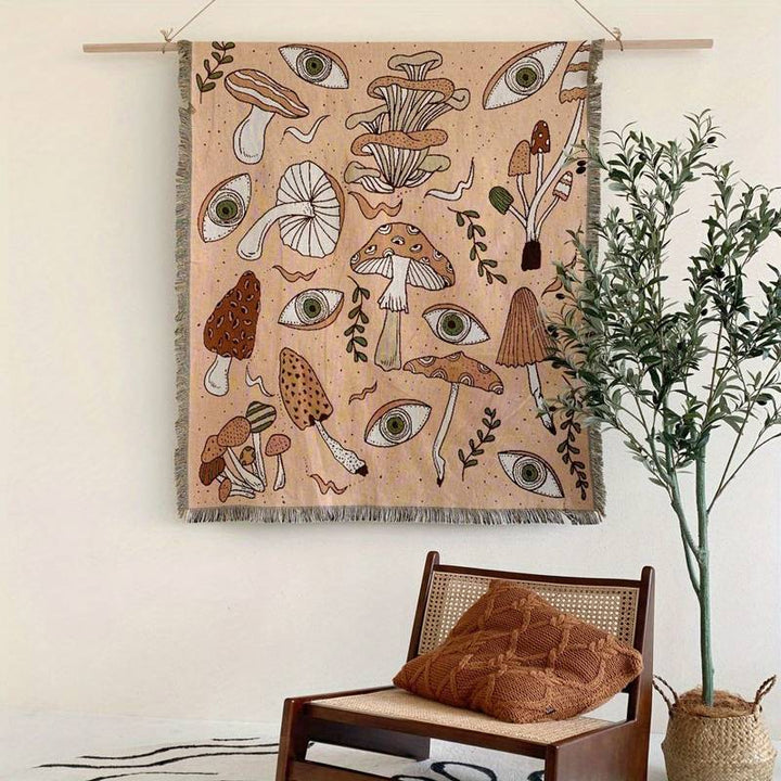 Olivenorma Coperta con stampa etnica lavorata a maglia bohémien e nappa