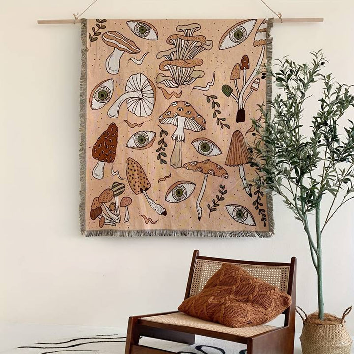 Olivenorma Coperta con stampa etnica lavorata a maglia bohémien e nappa