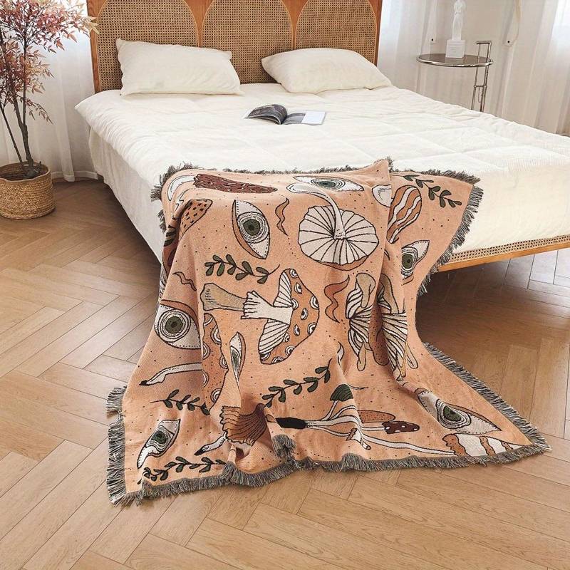 Olivenorma Coperta con stampa etnica lavorata a maglia bohémien e nappa