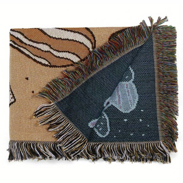 Olivenorma Coperta con stampa etnica lavorata a maglia bohémien e nappa