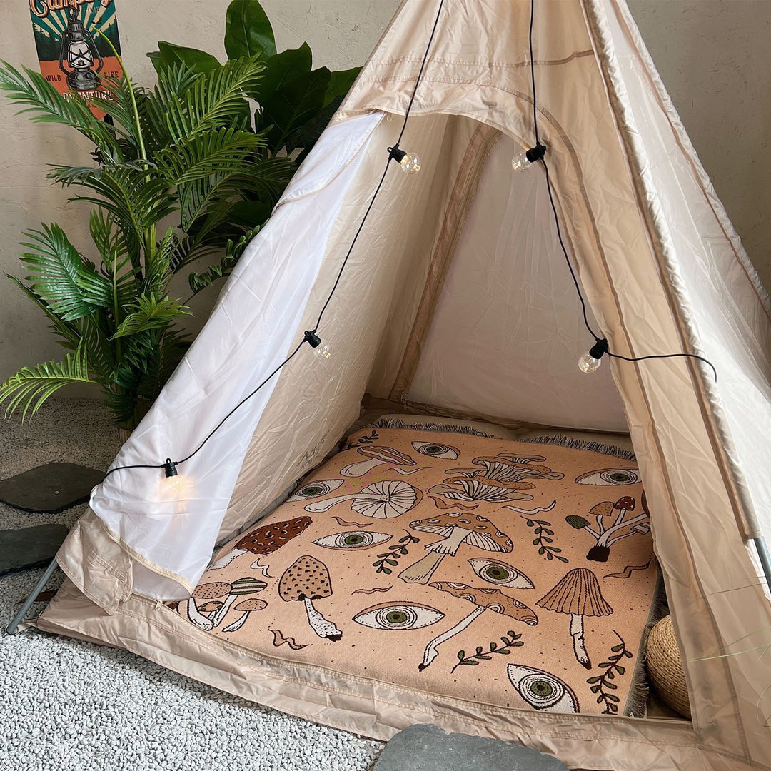 Olivenorma Coperta con stampa etnica lavorata a maglia bohémien e nappa