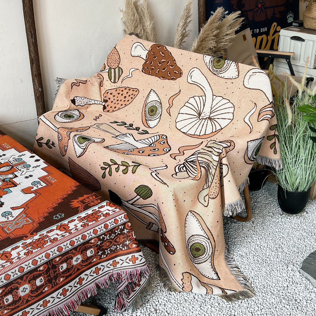 Olivenorma Coperta con stampa etnica lavorata a maglia bohémien e nappa