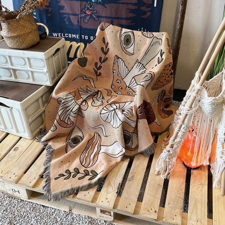 Olivenorma Coperta con stampa etnica lavorata a maglia bohémien e nappa