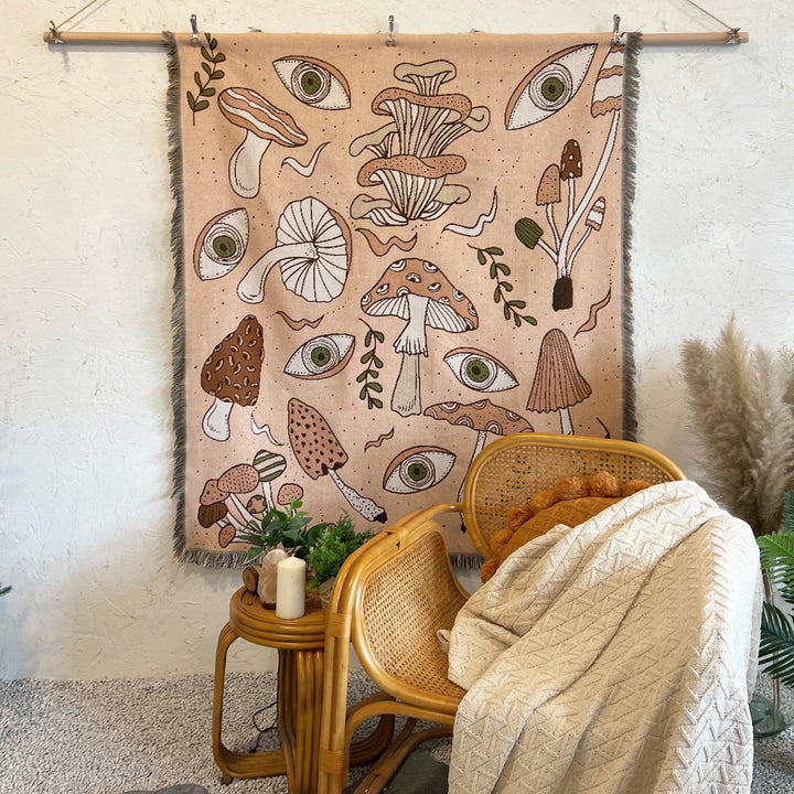 Olivenorma Coperta con stampa etnica lavorata a maglia bohémien e nappa