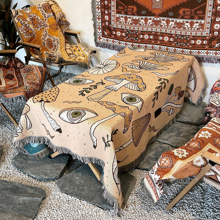 Olivenorma Coperta con stampa etnica lavorata a maglia bohémien e nappa