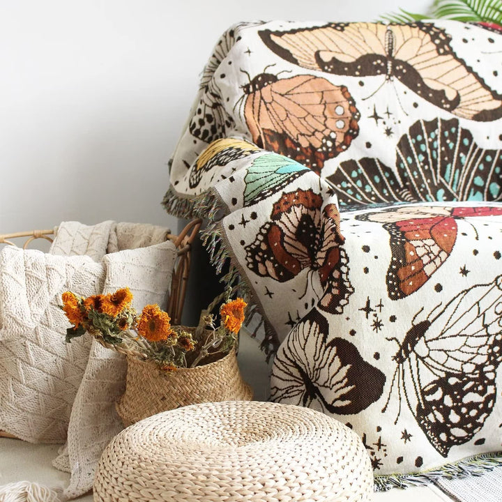 Olivenorma Coperta Boho con farfalla color albicocca bianca