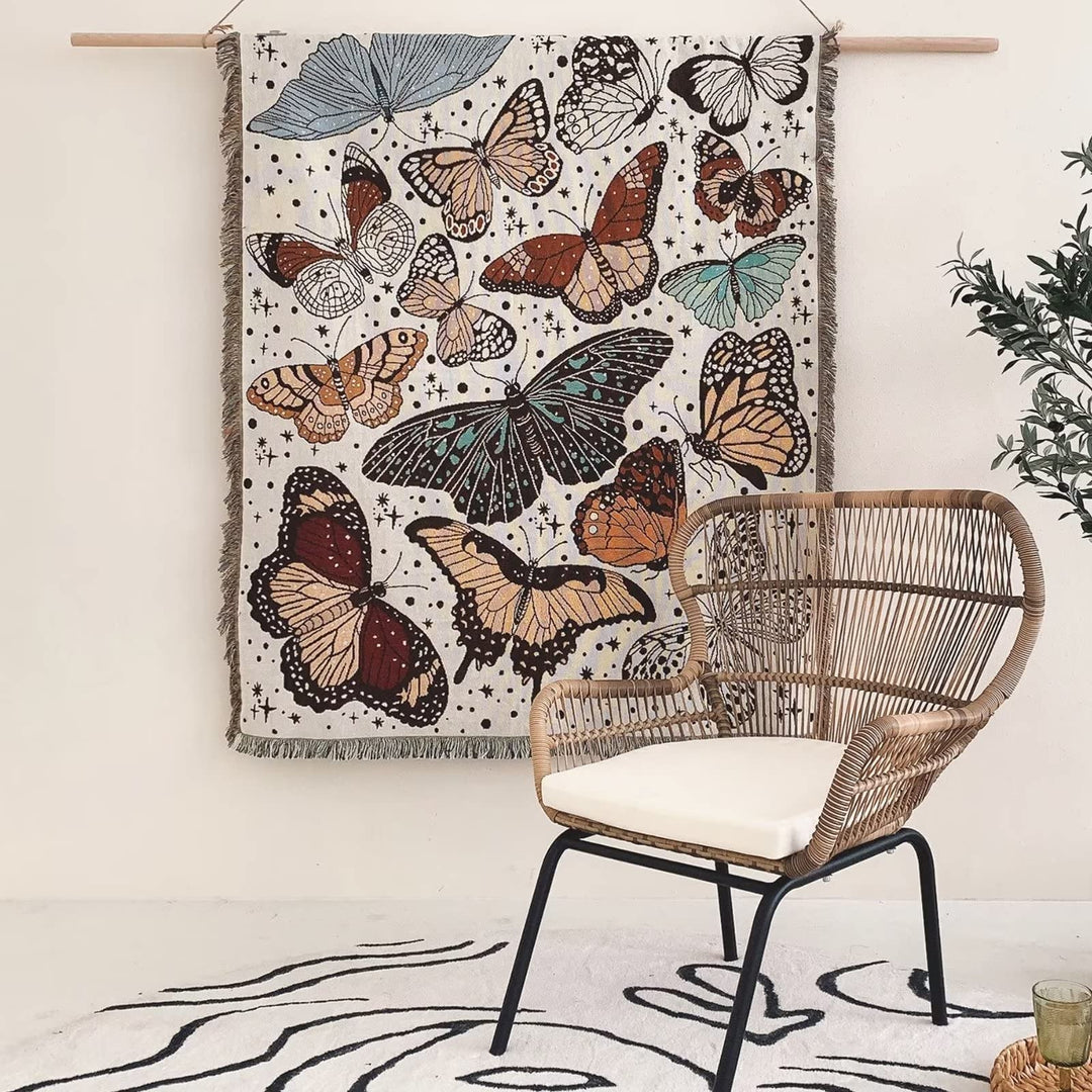 Olivenorma Coperta Boho con farfalla color albicocca bianca