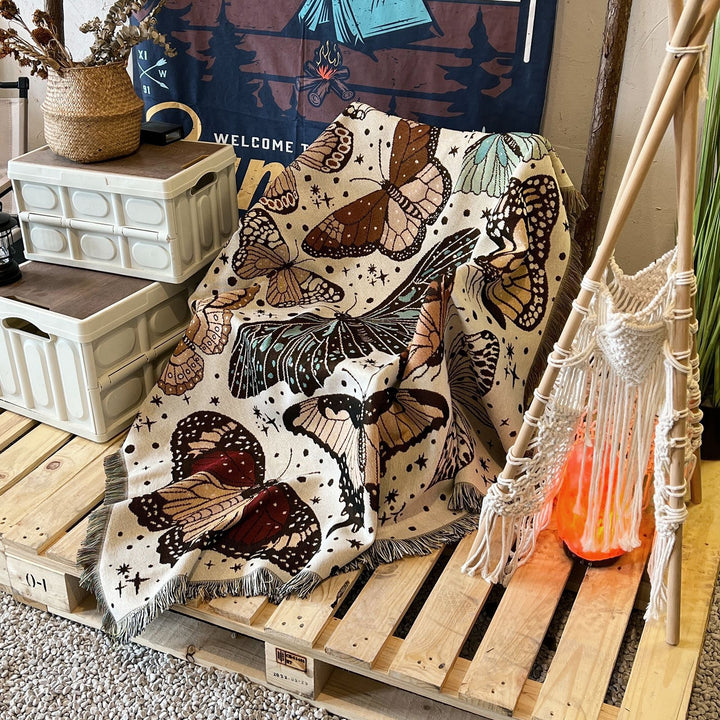 Olivenorma Coperta Boho con farfalla color albicocca bianca