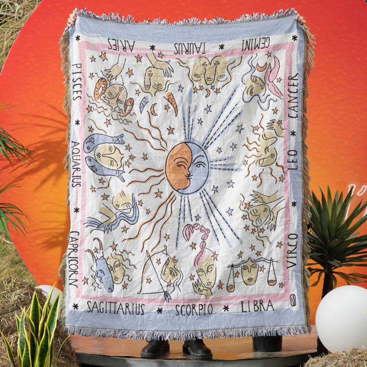 Olivenorma Coperta tessuta con nappe in stile indiano, blu e bianco, stile zodiaco