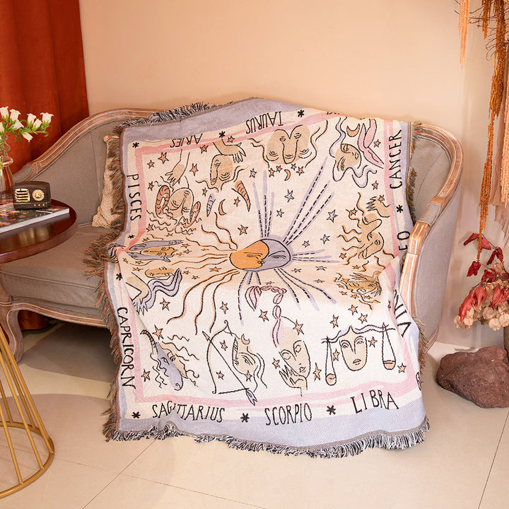 Olivenorma Coperta tessuta con nappe in stile indiano, blu e bianco, stile zodiaco