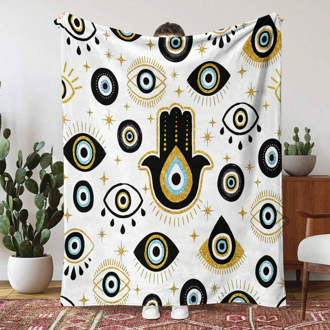 Olivenorma Evil Eye Hamsa bianco nero nappe coperta intrecciata