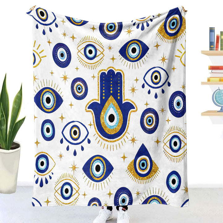 Olivenorma Coperta in flanella intrecciata Hamsa con occhio maligno bianco e blu