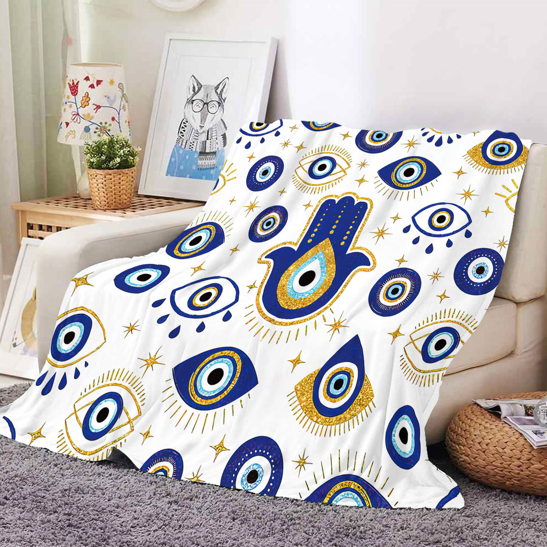 Olivenorma Coperta in flanella intrecciata Hamsa con occhio maligno bianco e blu