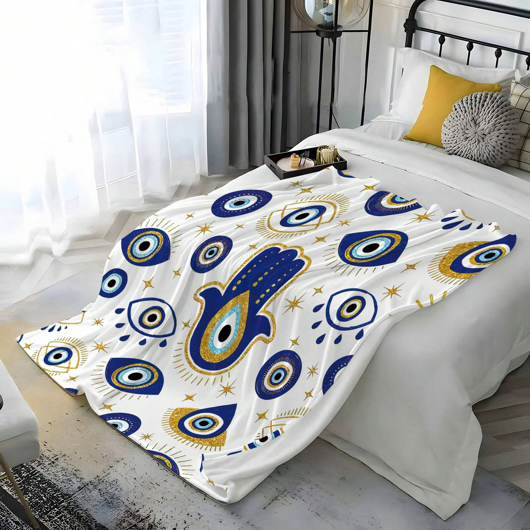 Olivenorma Coperta in flanella intrecciata Hamsa con occhio maligno bianco e blu