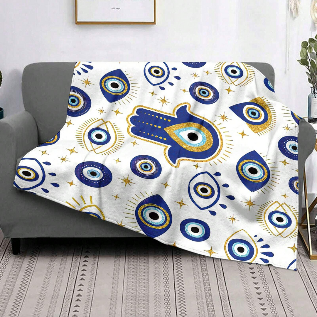 Olivenorma Coperta in flanella intrecciata Hamsa con occhio maligno bianco e blu