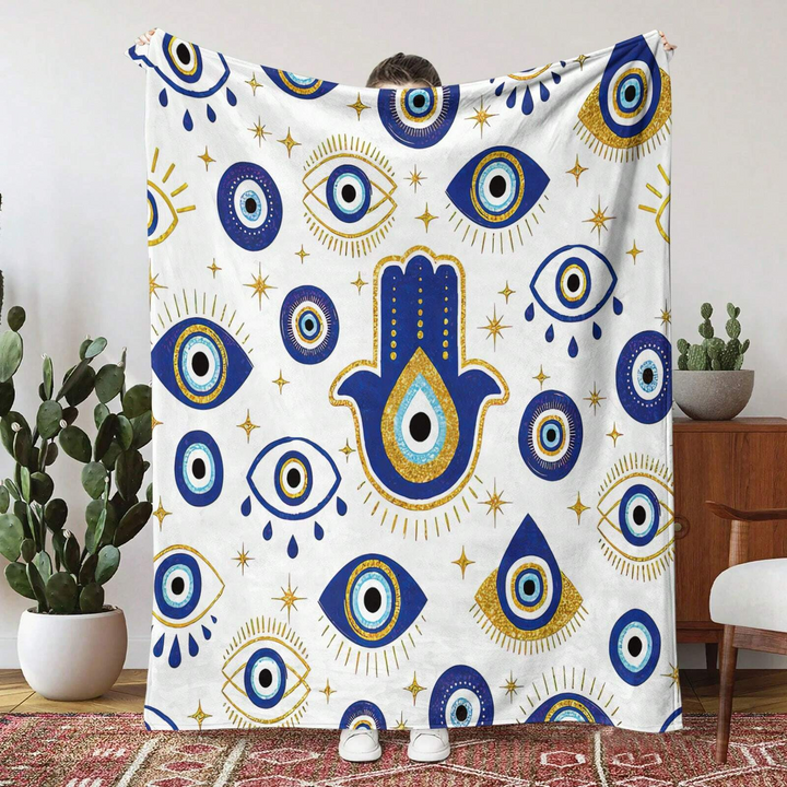 Olivenorma Coperta in flanella intrecciata Hamsa con occhio maligno bianco e blu
