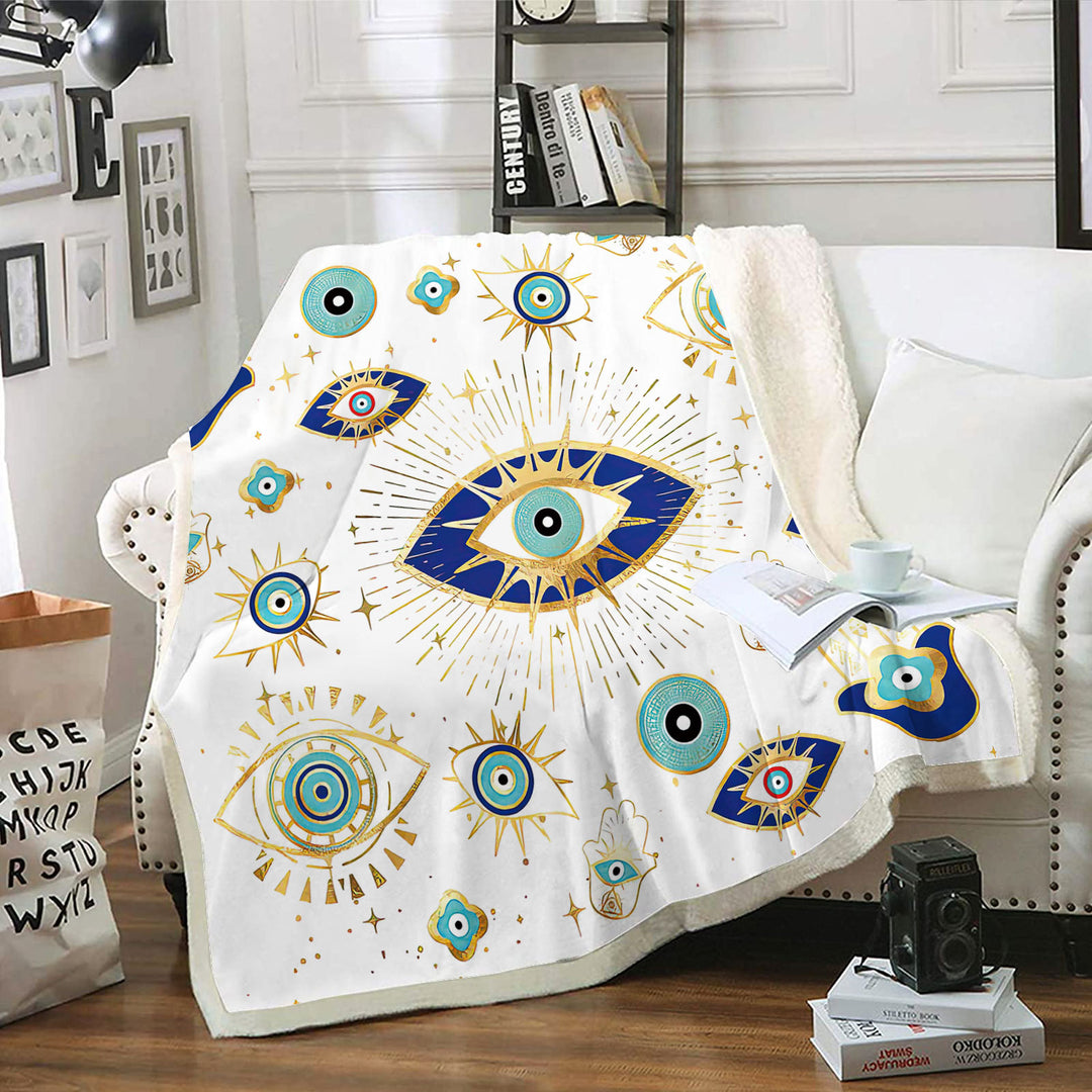Olivenorma Coperta in flanella intrecciata Hamsa con occhio maligno bianco verde