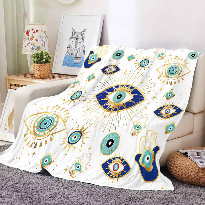 Olivenorma Coperta in flanella intrecciata Hamsa con occhio maligno bianco verde