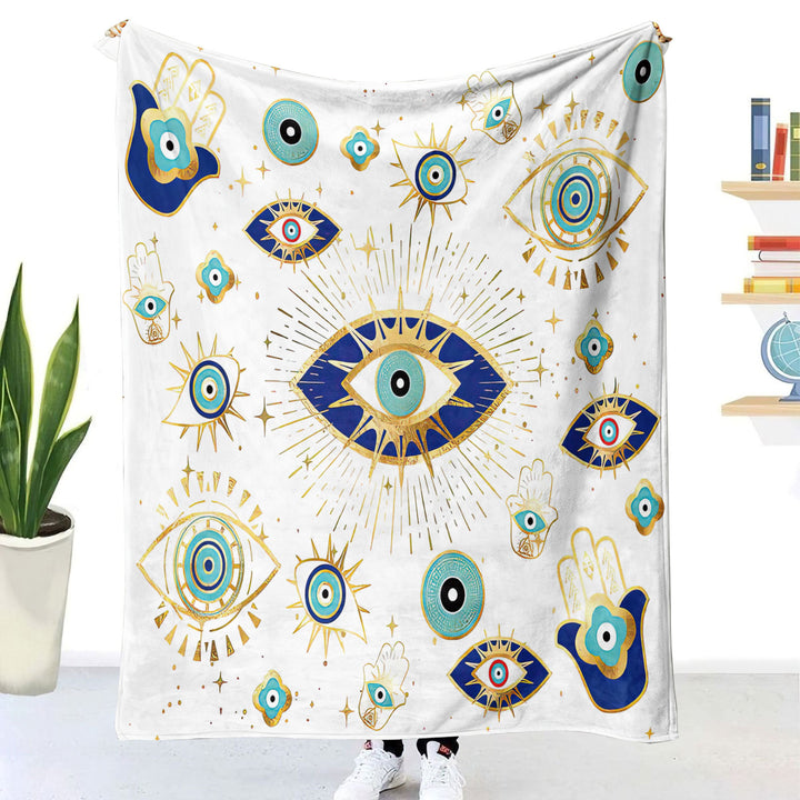Olivenorma Coperta in flanella intrecciata Hamsa con occhio maligno bianco verde