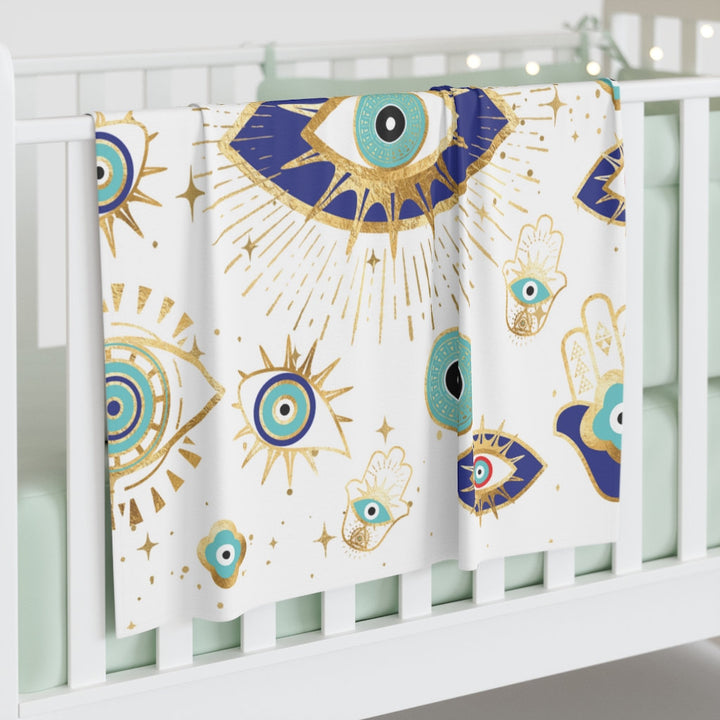 Olivenorma Coperta in flanella intrecciata Hamsa con occhio maligno bianco verde