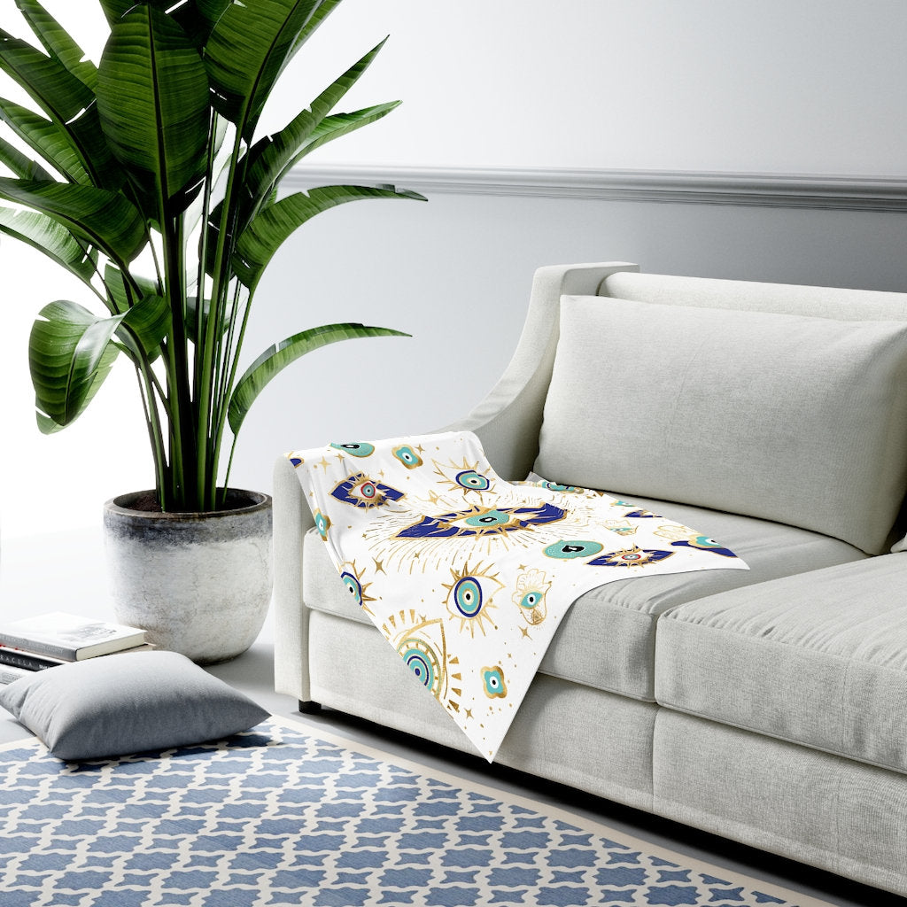 Olivenorma Coperta in flanella intrecciata Hamsa con occhio maligno bianco verde